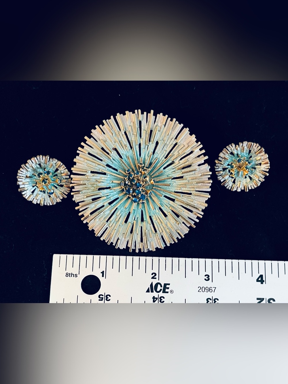 Vintage Starburst Brooch and Earrings Set - Blue and Gold